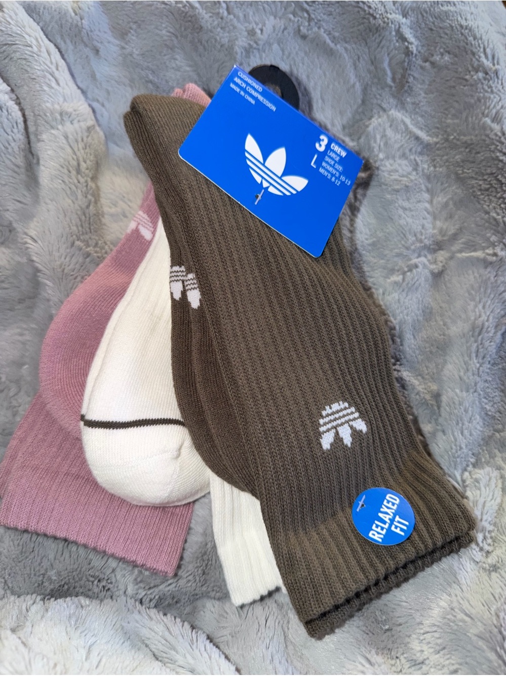 Adidas women 3-Pack Crew Socks - Brown/White/Pink 10-13 NWT